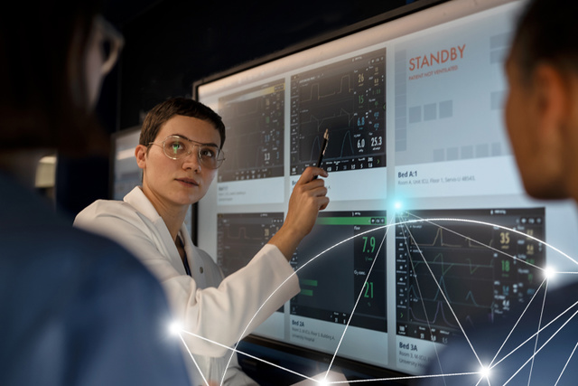 Person in a lab coat points at a screen displaying technical graphs and data, with others in discussion.