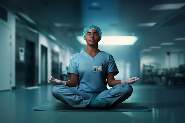 Nurse meditating on hospital floor
