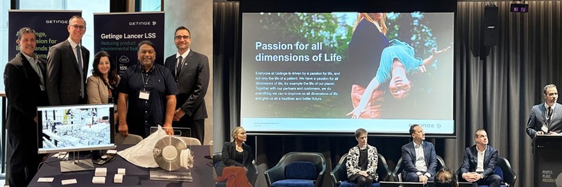 Professional corporate event showcasing Getinge, a global medical technology company. The collage includes two scenes: left, a group of five business professionals standing at an exhibition booth with Getinge branding, brochures, and a monitor displaying medical equipment; centre, a presentation slide projected on a large screen with the text “Passion for all dimensions of Life” and an image of a person joyfully upside down; right, a panel discussion with four seated speakers and one presenter at a podium. The setting highlights sustainable innovation, healthcare technology, and professional networking.