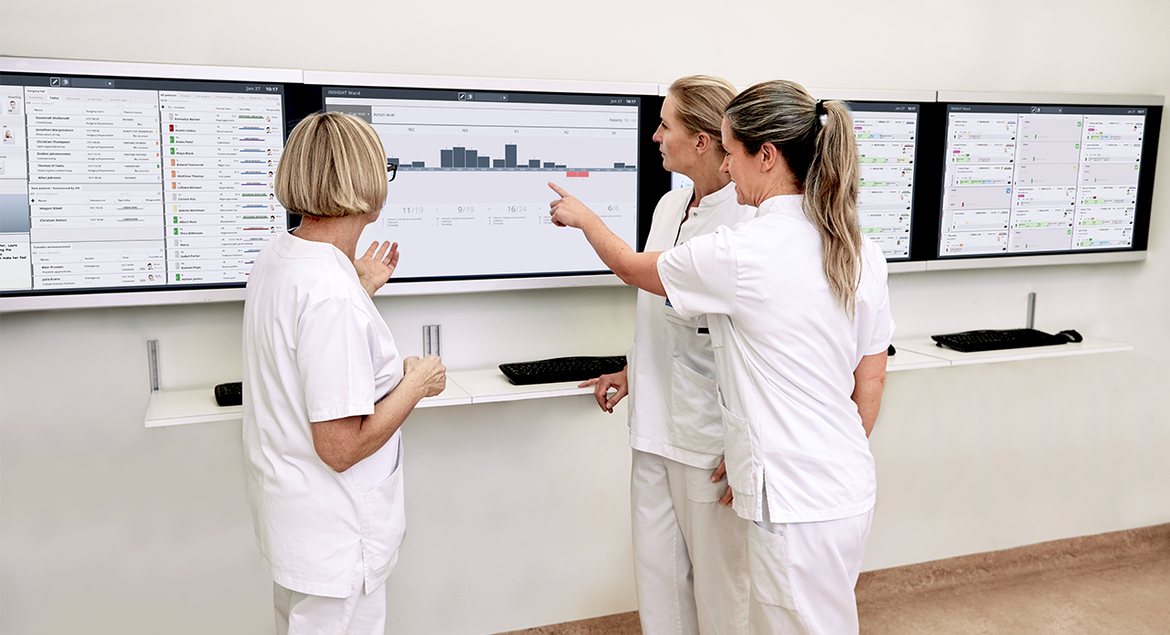 Nurses in front of big sreens showing different interfaces from INSIGHT, Getinge´s Patient Flow Management solution