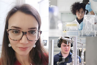 Three people: a woman with glasses, a scientist in a lab, and a man working with machinery.