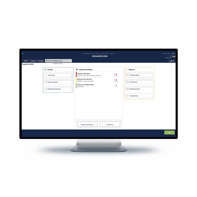 Screen with information from Automatiq Hub which connects robots, washer-disinfectors, sterilizers, and loading equipment into one seamless system.