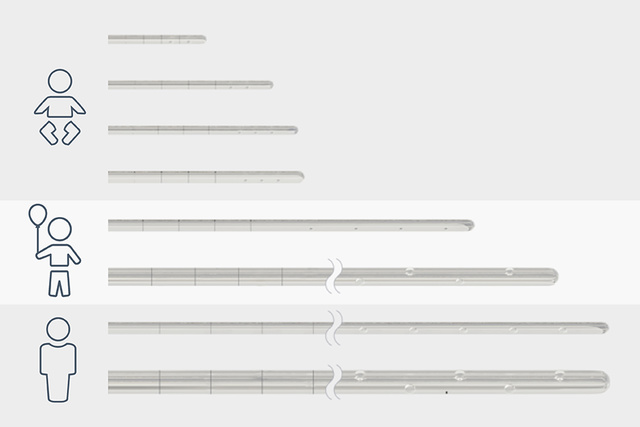 Range of new generation neonatal pediatric and adult ENFit catheters in sizes ranging from 6Fr to 16Fr