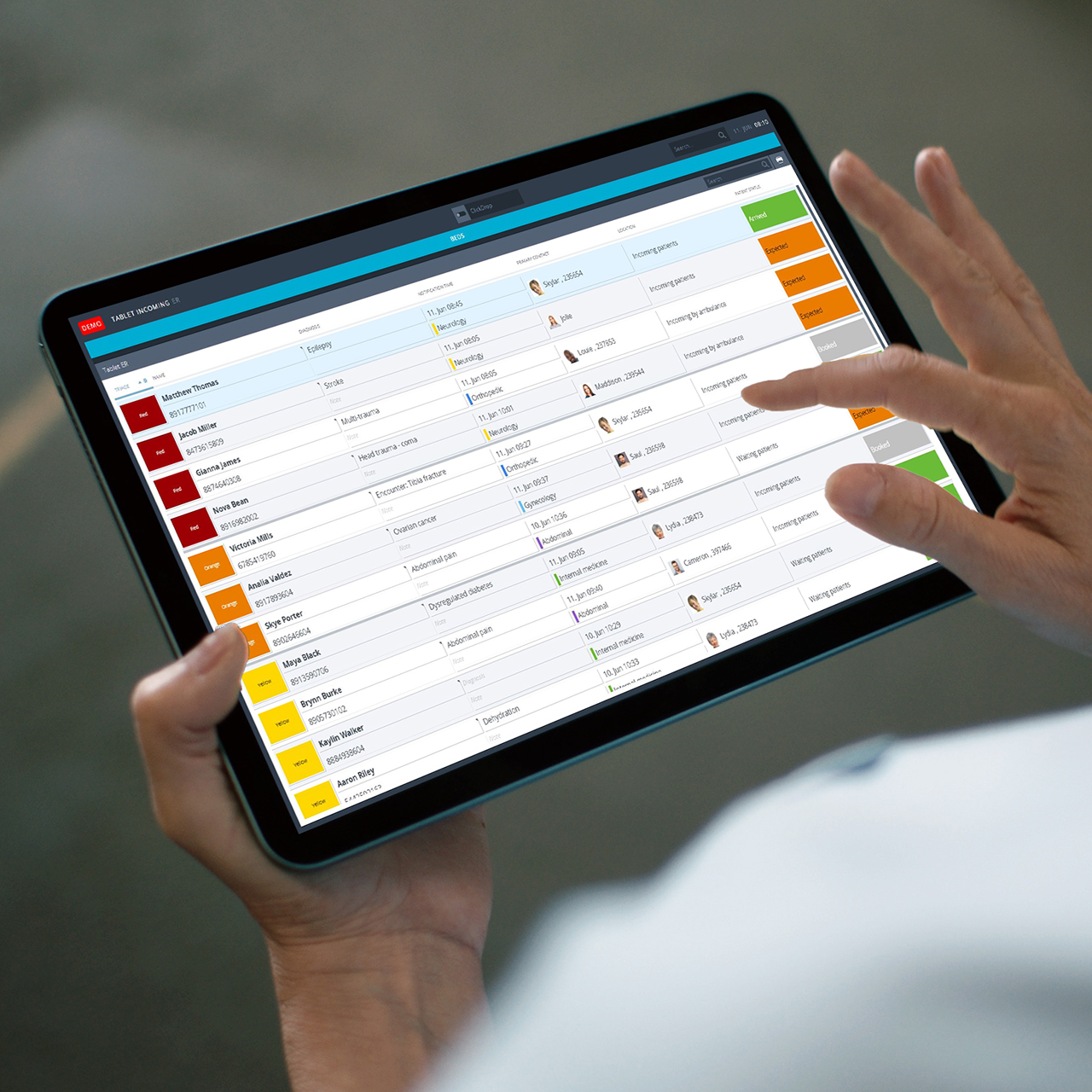 INSIGHT screen on a tablet displaying the emergency overview interface 