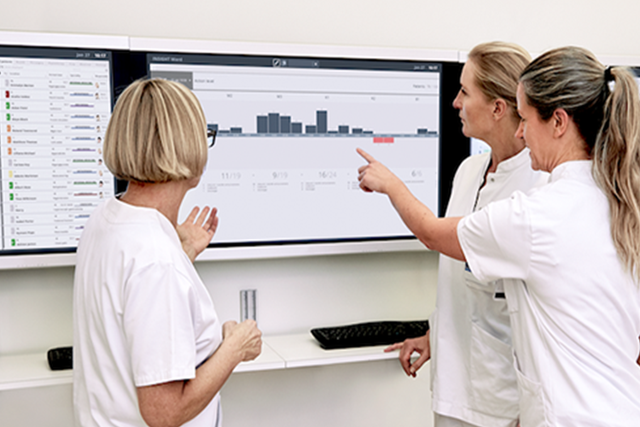 Nurses in front of monitors watching at INSIGHT screens discussing the next medical steps of patient care 