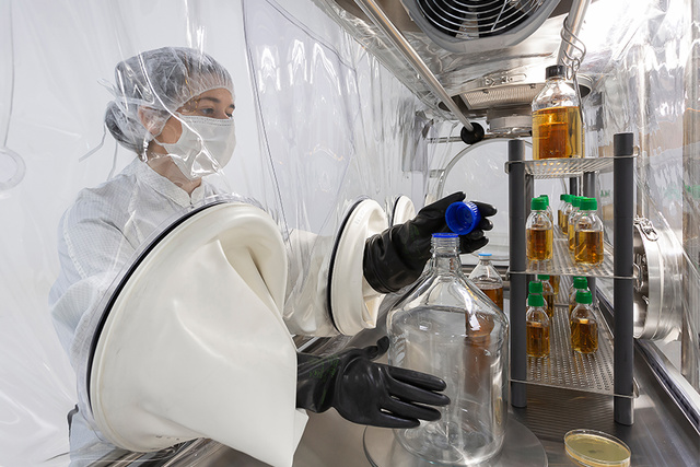 Operator working in a 4-glove softwall ISOFLEX-S isolator Operator working in a 4-glove softwall ISOFLEX-S isolator