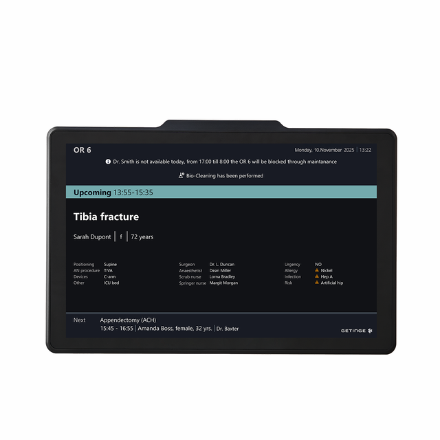 SmartView digital door sign from Getinge with an example of the interface