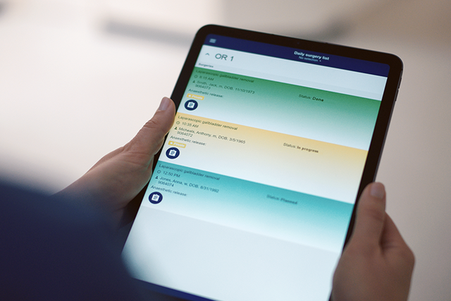 Torin interface in a tablet showing the surgery list of today