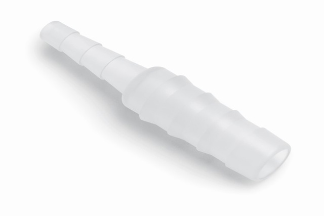 Transparent plastic connector with ridged sections, tapering to a point, on a white background.