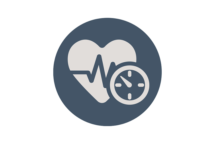 Heart with a heartbeat line and a clock inside a dark circle.